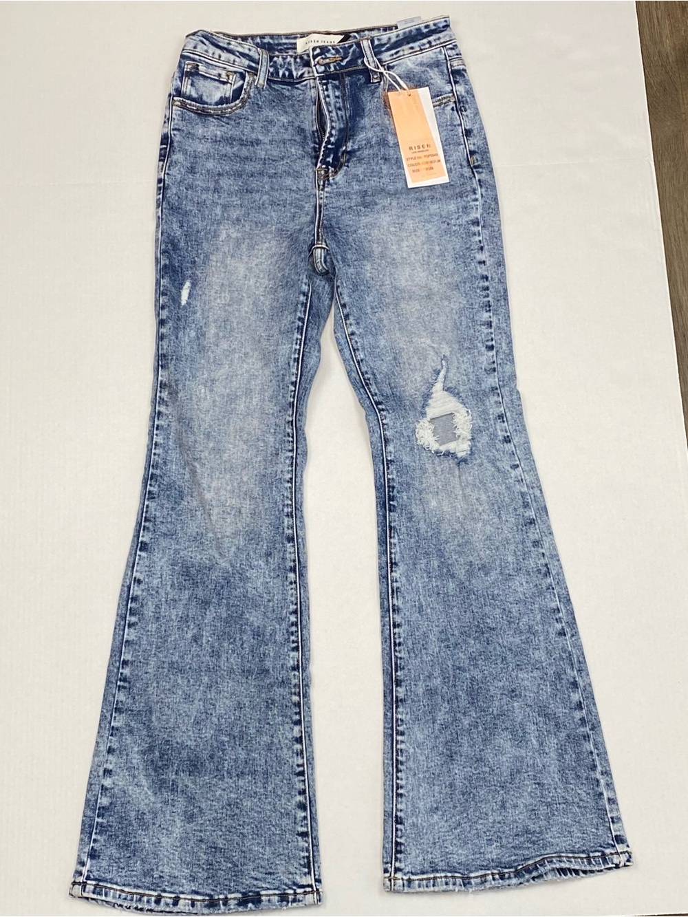 RISEN RDP5549 Women's Blue Distressed High Waist Flare Boho Jeans